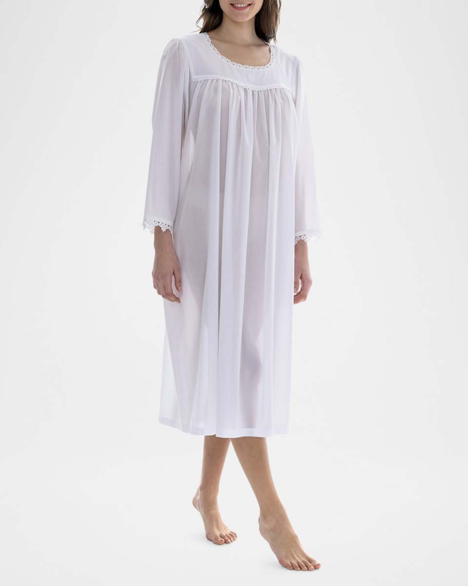 Loredana Lace-Trim Ruched Cotton Nightgown